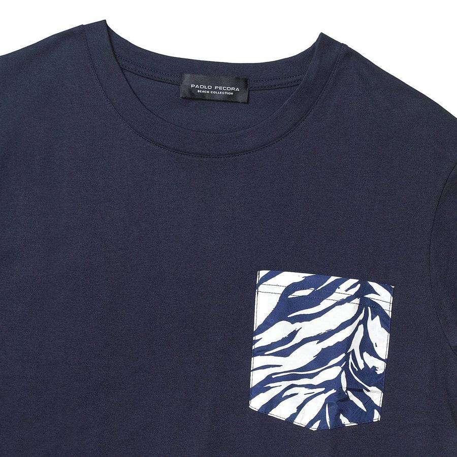 Paolo Pecora T-Shirt Blue Navy con Taschino Fantasia Foglia Negozi Online