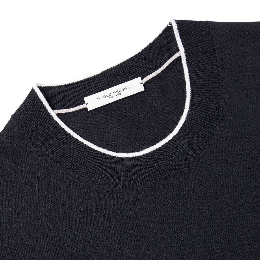 Paolo Pecora Maglia Girocollo in Cotone Extrafine - Nero con Dettagli Bianchi In Linea