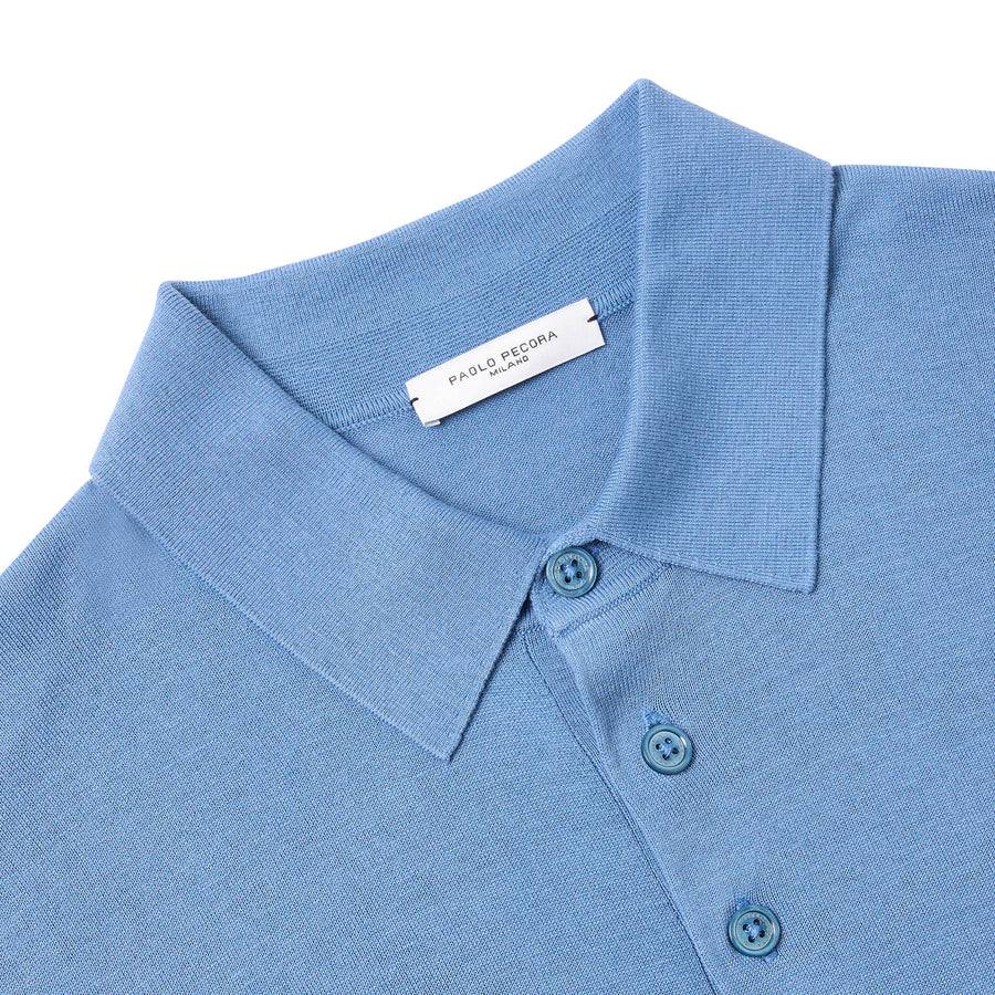 Paolo Pecora Polo Manica Corta in Seta Cotone Extrafine - Azzurro Polvere Spedizione Gratuita