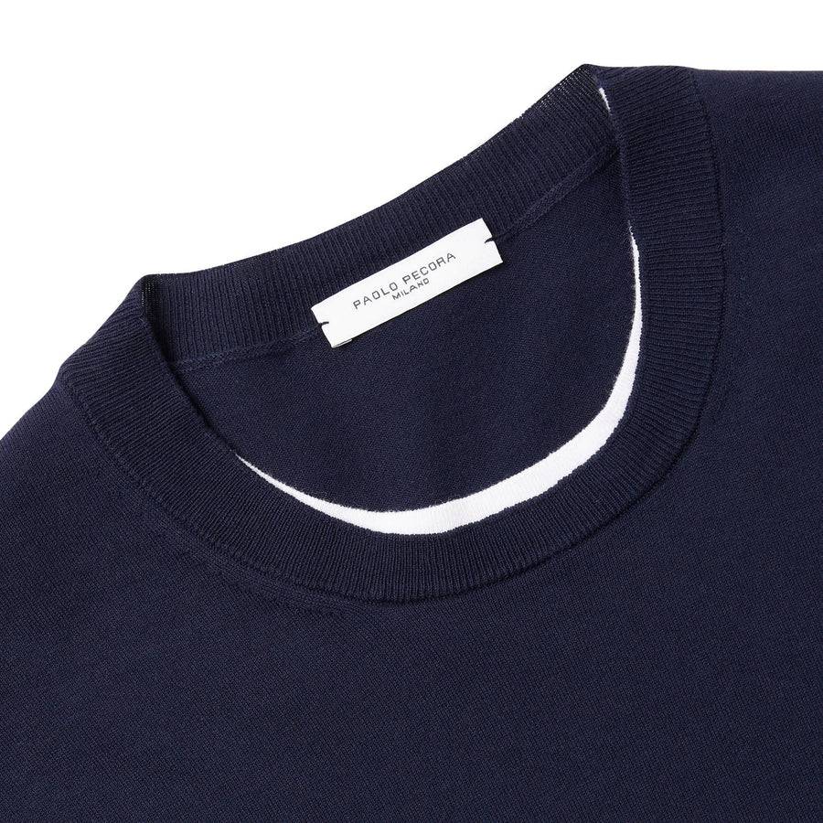 Paolo Pecora Maglia Girocollo in Puro Cotone Extrafine - Blu Navy con Dettagli Bianchi Soddisfazione Garantita