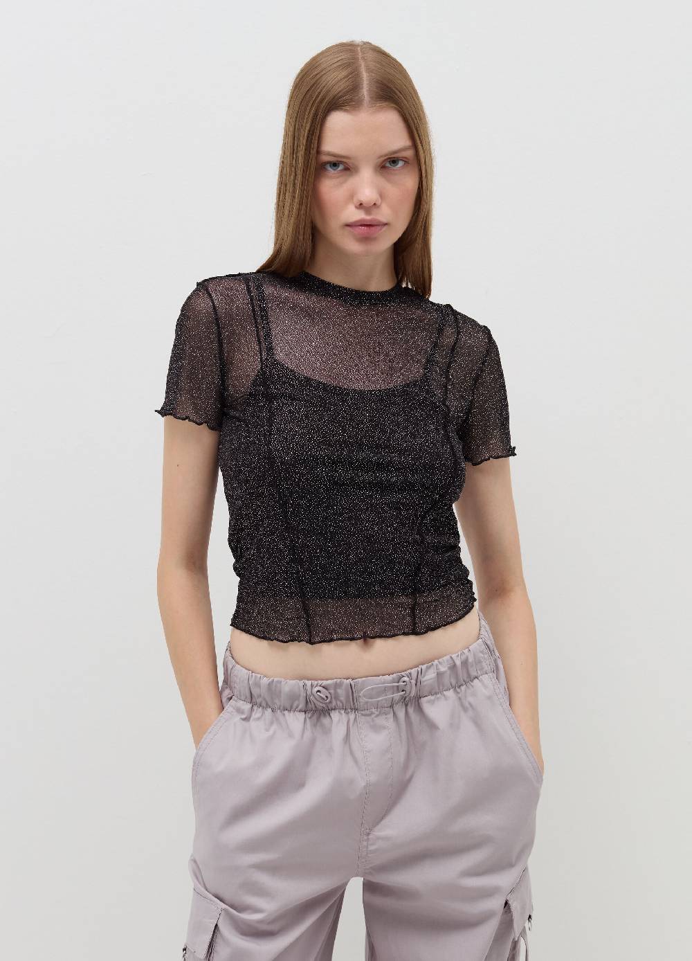 B. ANGEL T-shirt crop in mesh con profili ondulati Vendita Economica