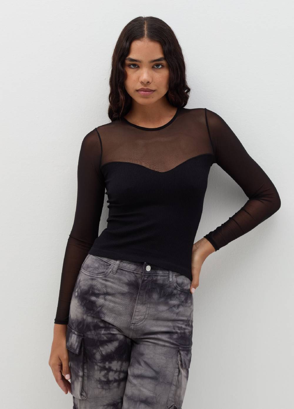 B. ANGEL T-shirt crop in mesh a maniche lunghe Offerta