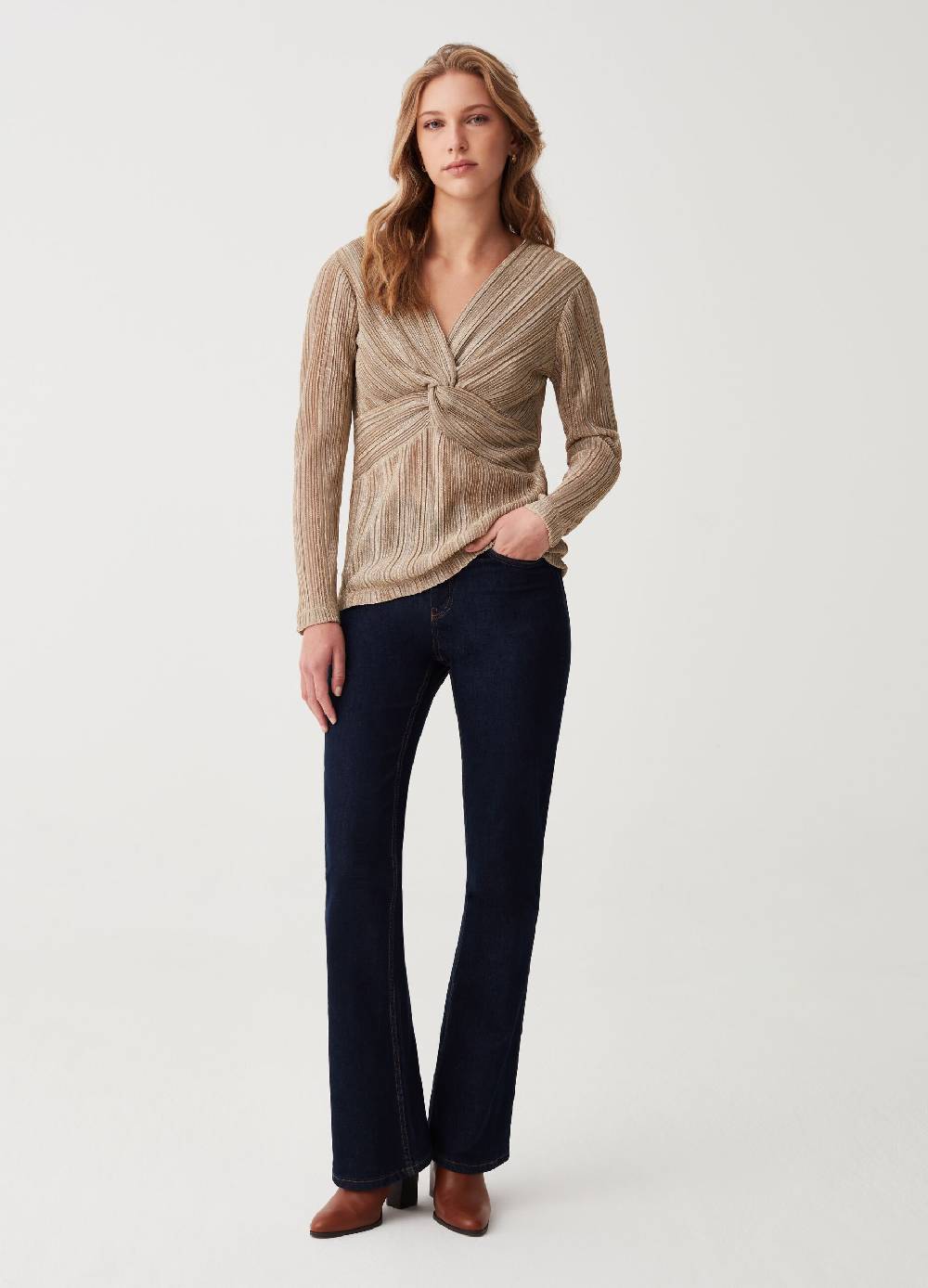 OVS T-shirt in lurex scollo a V con nodo Sconto
