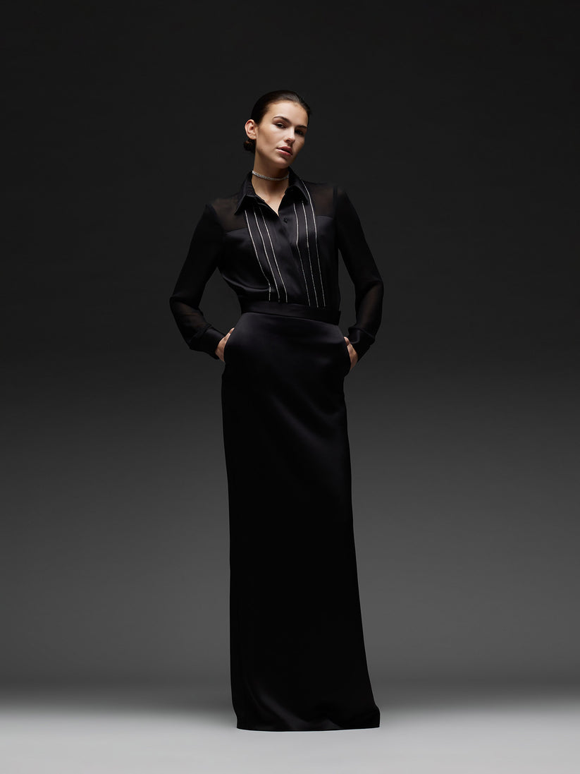 Space Simona Corsellini Camicia smoking in raso con inserti di strass In Linea