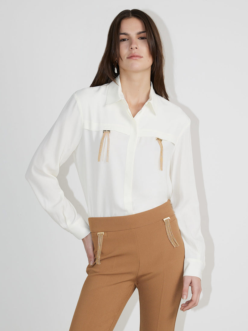 Space Simona Corsellini Camicia in acetato seta con doppio passante frange pendenti Prezzo Ridotto