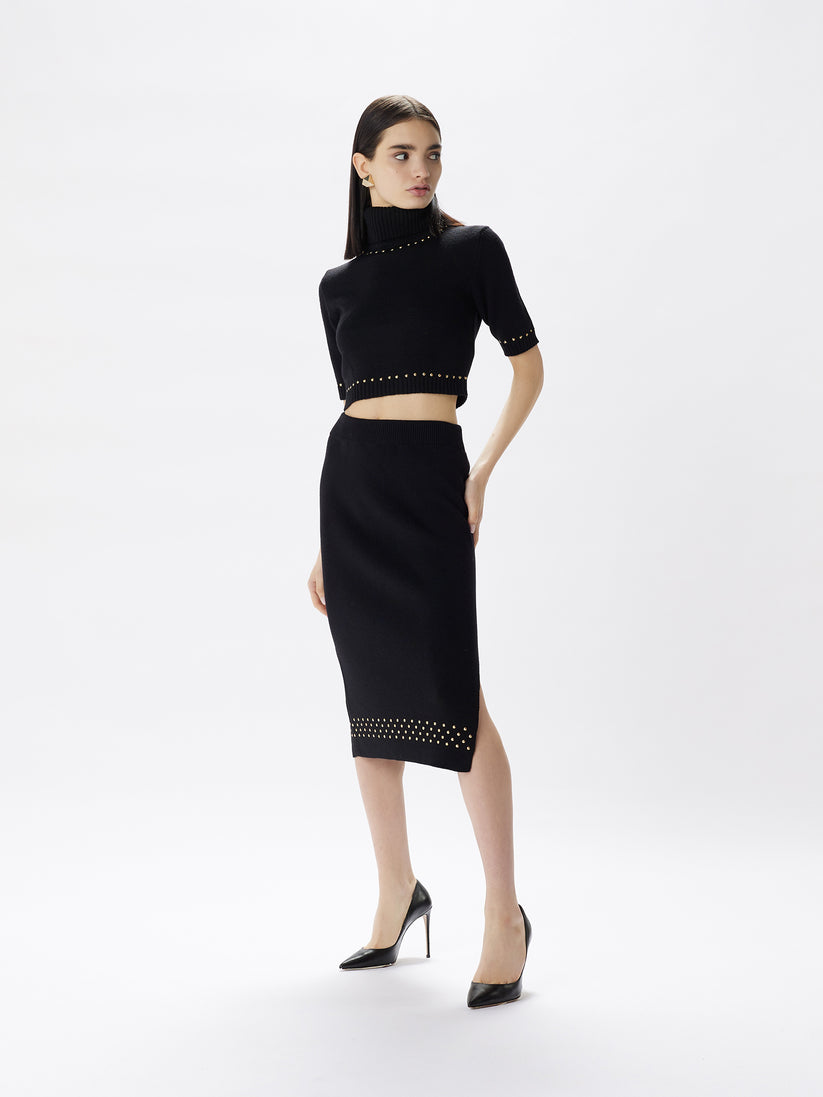 Space Simona Corsellini Maglia dolcevita cropped in misto lana con applicazione borchie Vendita Economica