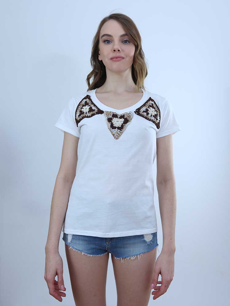 Tricot à Porter T-SHIRT SCOLLO PROFONDO APPLICAZIONI CROCHET Vendite Flash