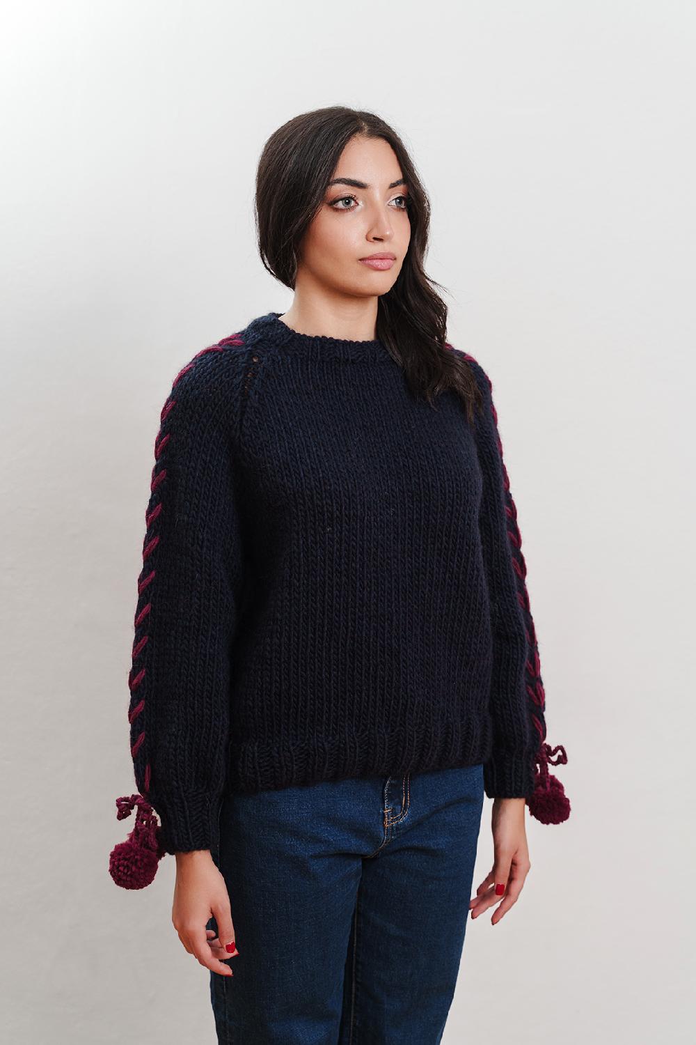 Tricot à Porter Maglia giro collo manica con ricami in costa e pp ai polsi Italy